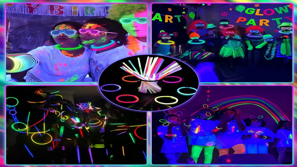 Pictures of kids dressed with glow sticks and glow art in a glow dance party.
