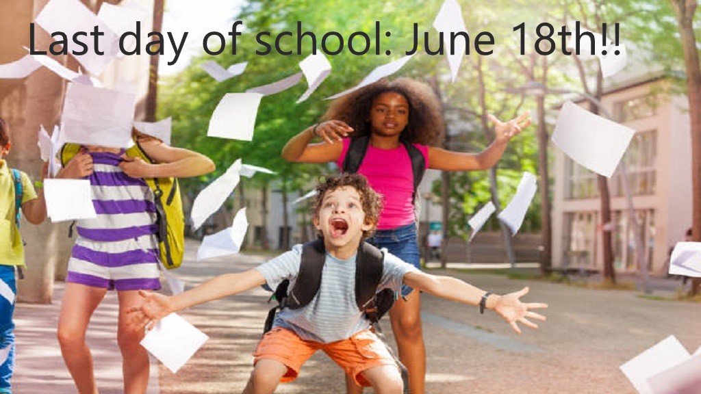 Kids in the middle of a school campus throwing papers in the air as they are celebrating the last day of school.