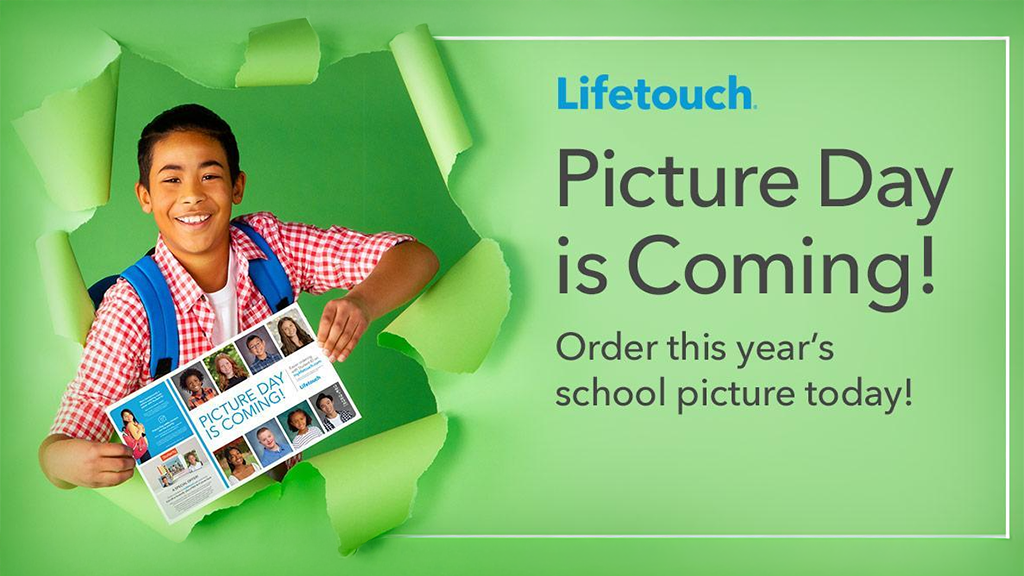 Announcement of Lifetouch Picture Day coming with a boy poking through a poster holding a flyer for the picture day.