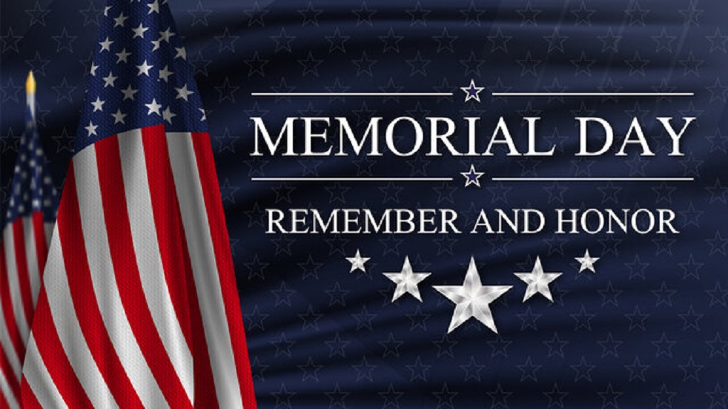 Image of American flag on the left side with the words "Memorial Day Remember and Honor" on the right side with stars around the words.