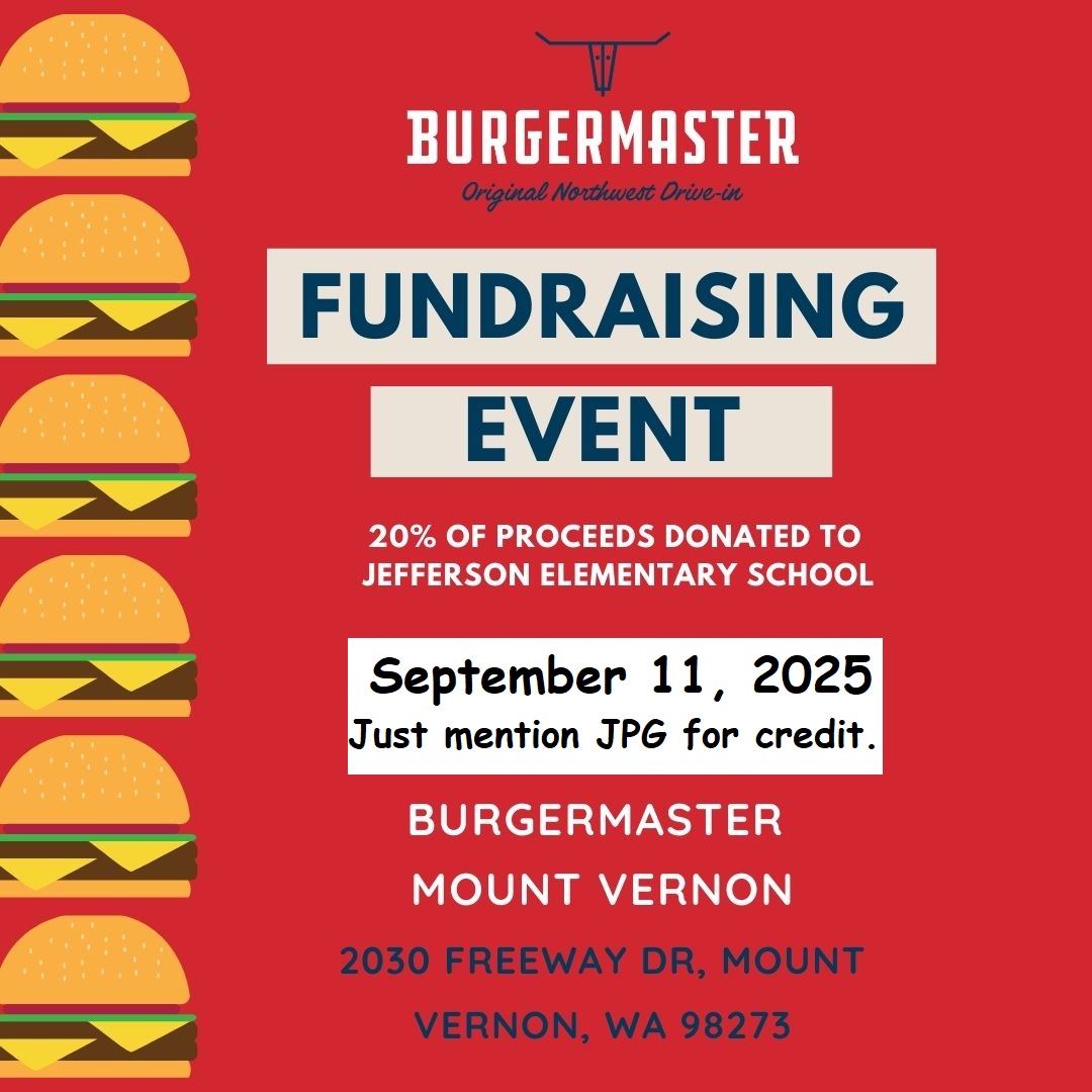 Flyer for Jefferson Parent Group fundraiser at Burgermaster in Mt. Vernon, WA on September 11th.