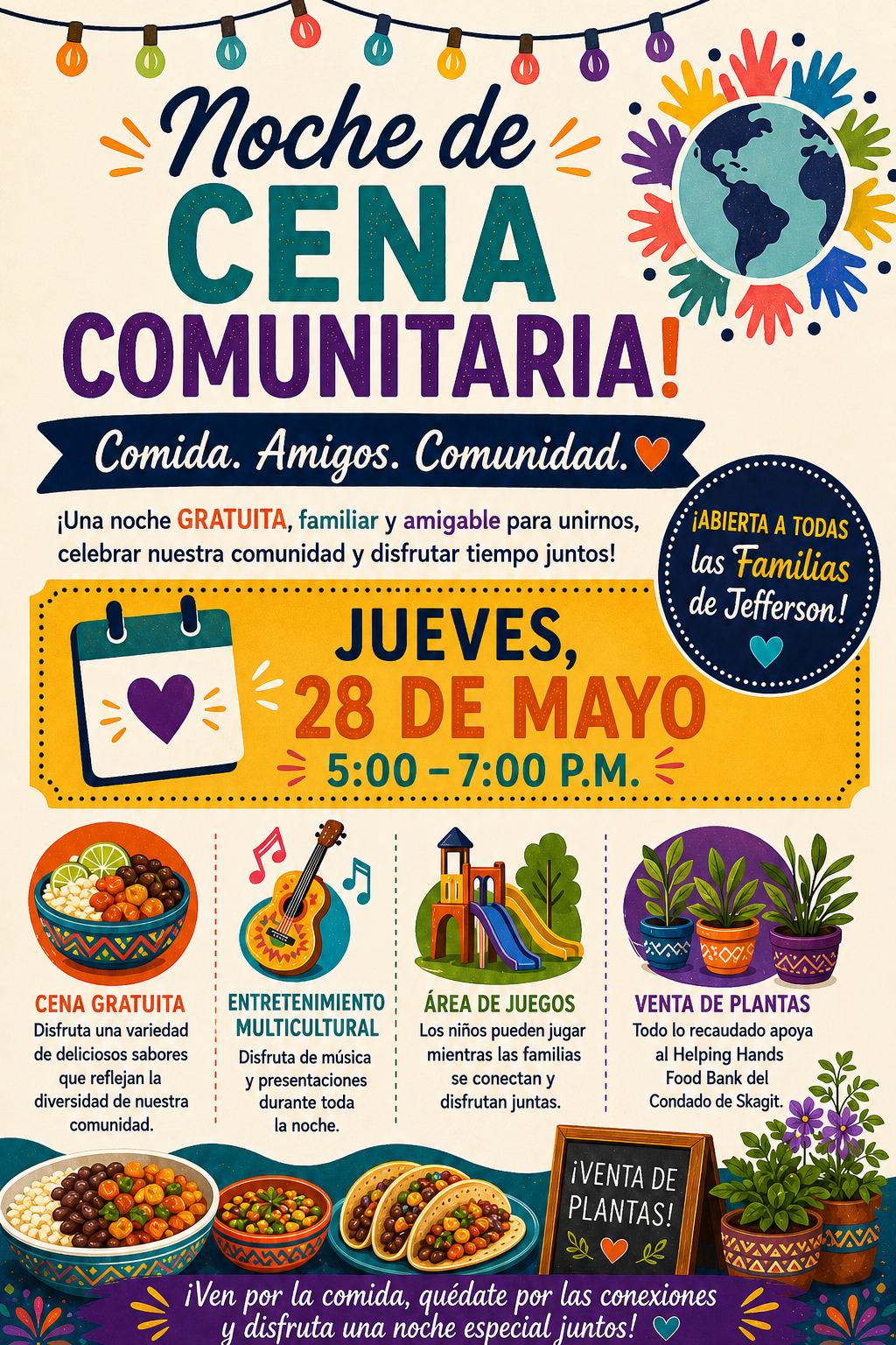 Spanish flyer for Community Event on May 27th.