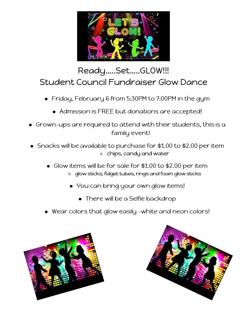 English flyer for Glow Dance on February 6th.