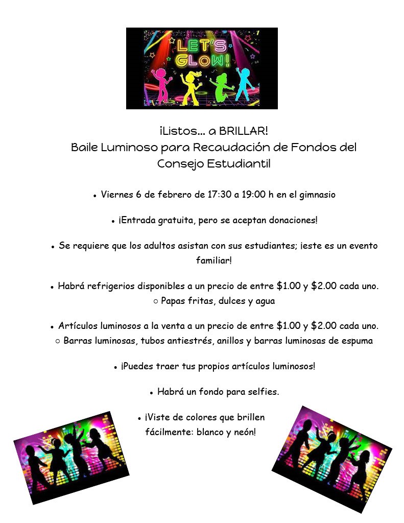 Spanish flyer for Glow Dance on February 6th.