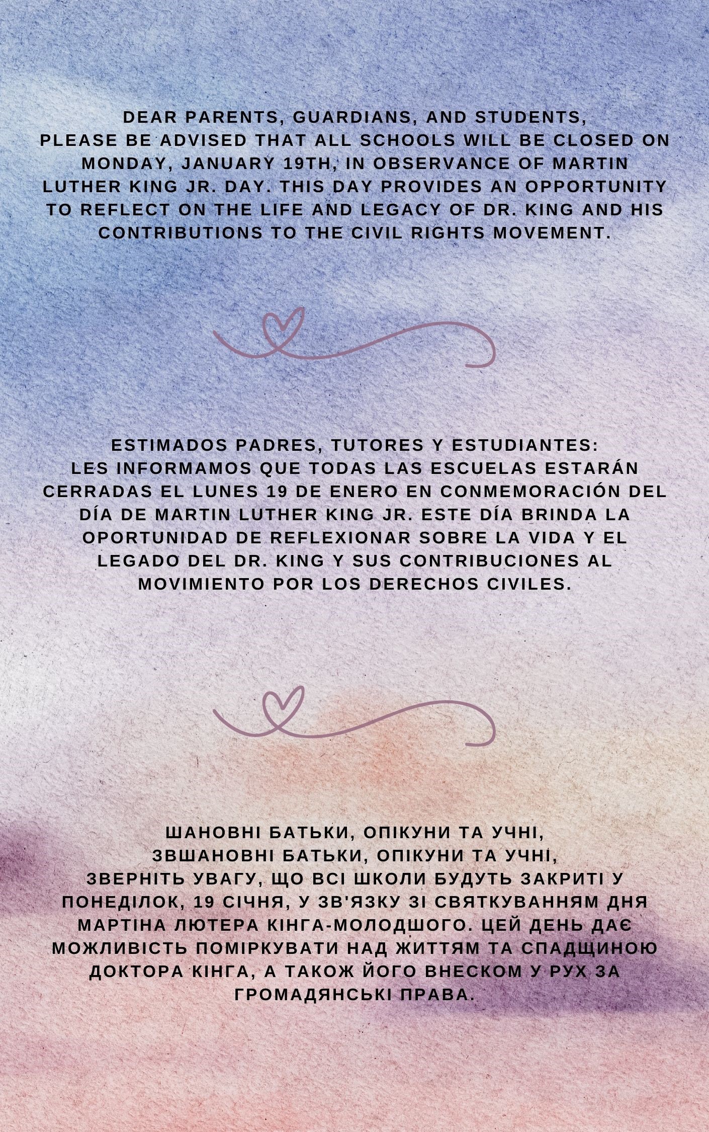 Announcement of no school on Martin Luther King Day for 1-19-26.