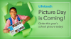 Announcement of Lifetouch Picture Day coming with a boy poking through a poster holding a flyer for the picture day.