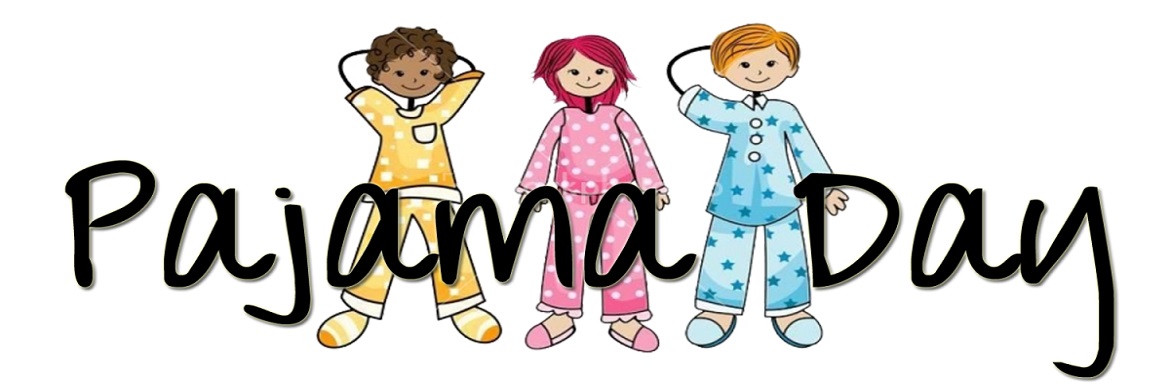 Cartoon image of 3 children wearing pajamas with the words "Pajama Day" across the front of them.