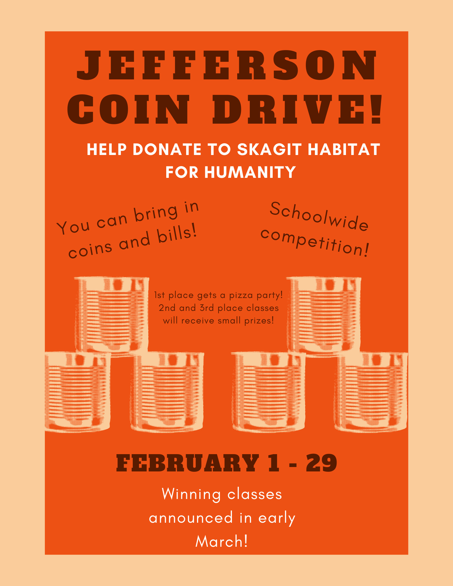 Flyer in English announcing Jefferson Coin Drive for the month of February to raise funds for Skagit Habitat for Humanity.