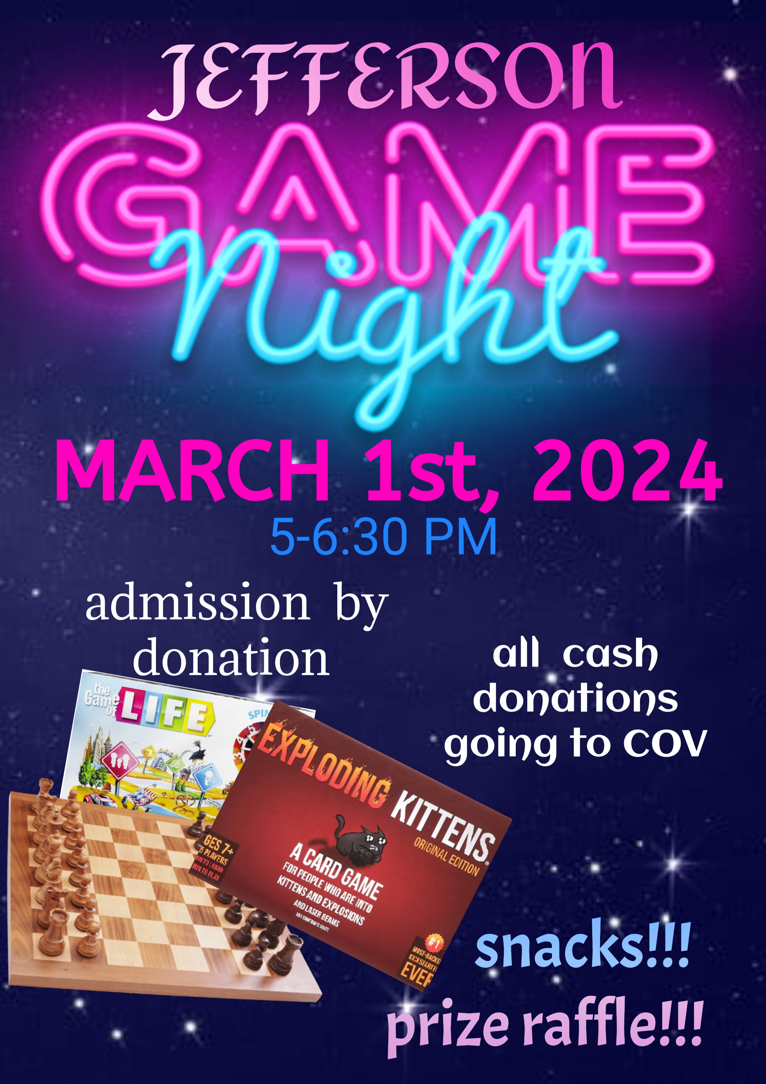 Flyer for Jefferson Game Night on Friday, March 1st, 5:00pm to 6:30pm.  Admission by donation and all cash will be going to COV.