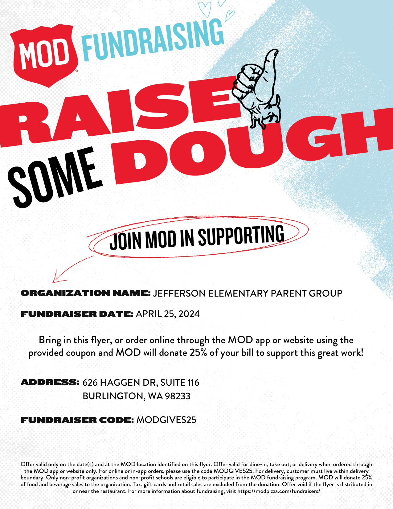 English flyer for MOD Pizza Fundraiser for Jefferson Elementary on April 25, 2024.