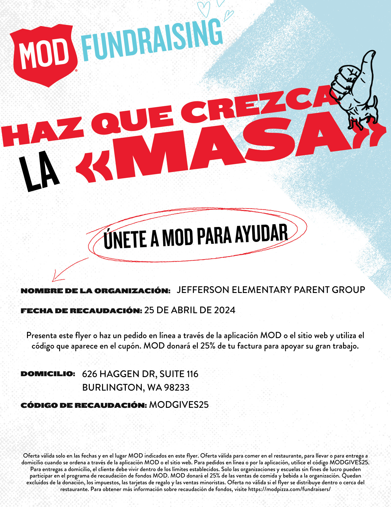 Spanish flyer for MOD Pizza Fundraiser for Jefferson Elementary on April 25, 2024.