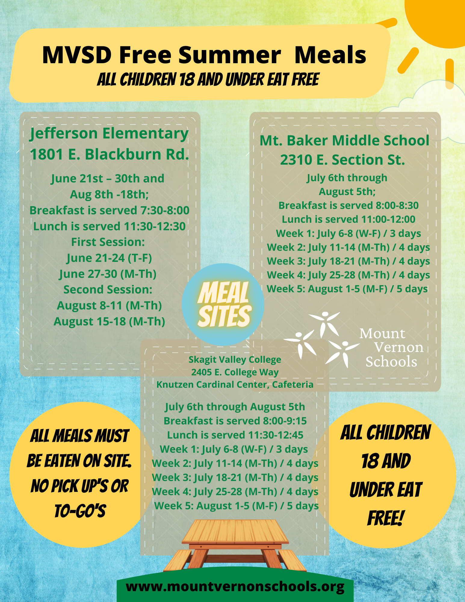 Flyer for the MVSD Free Summer Meals Program.