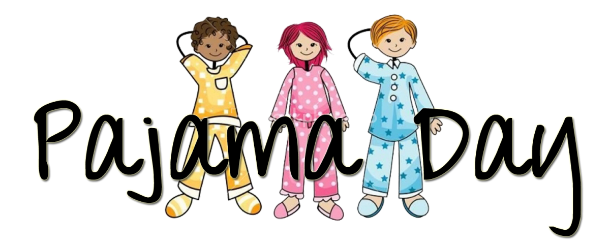 Three cartoon kids wearing pajamas with the words "Pajama Day" across the front of them.