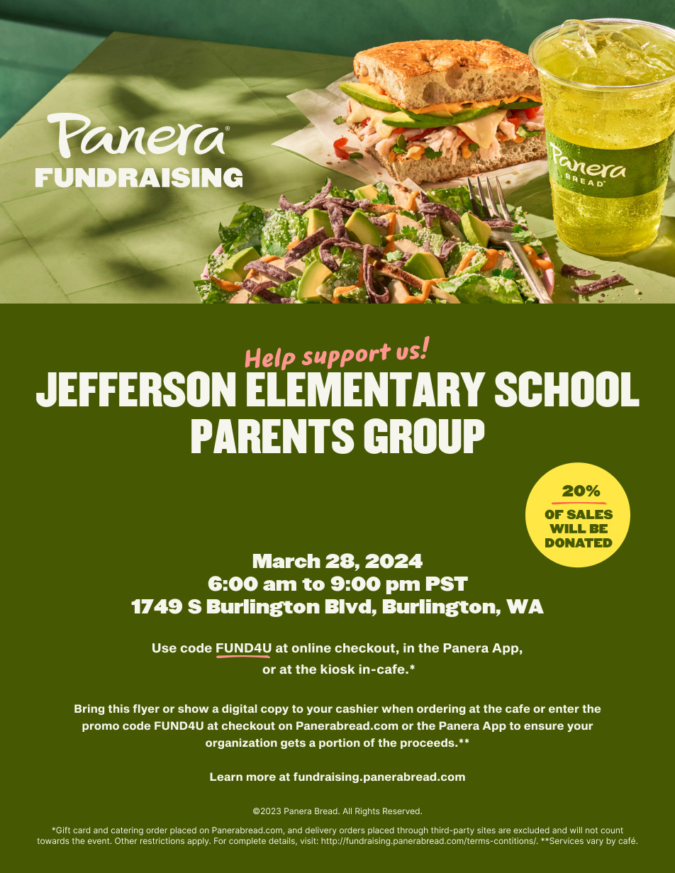 Flyer for Panera Bread Fundraiser for Jefferson Elementary School on March 28, 2024.