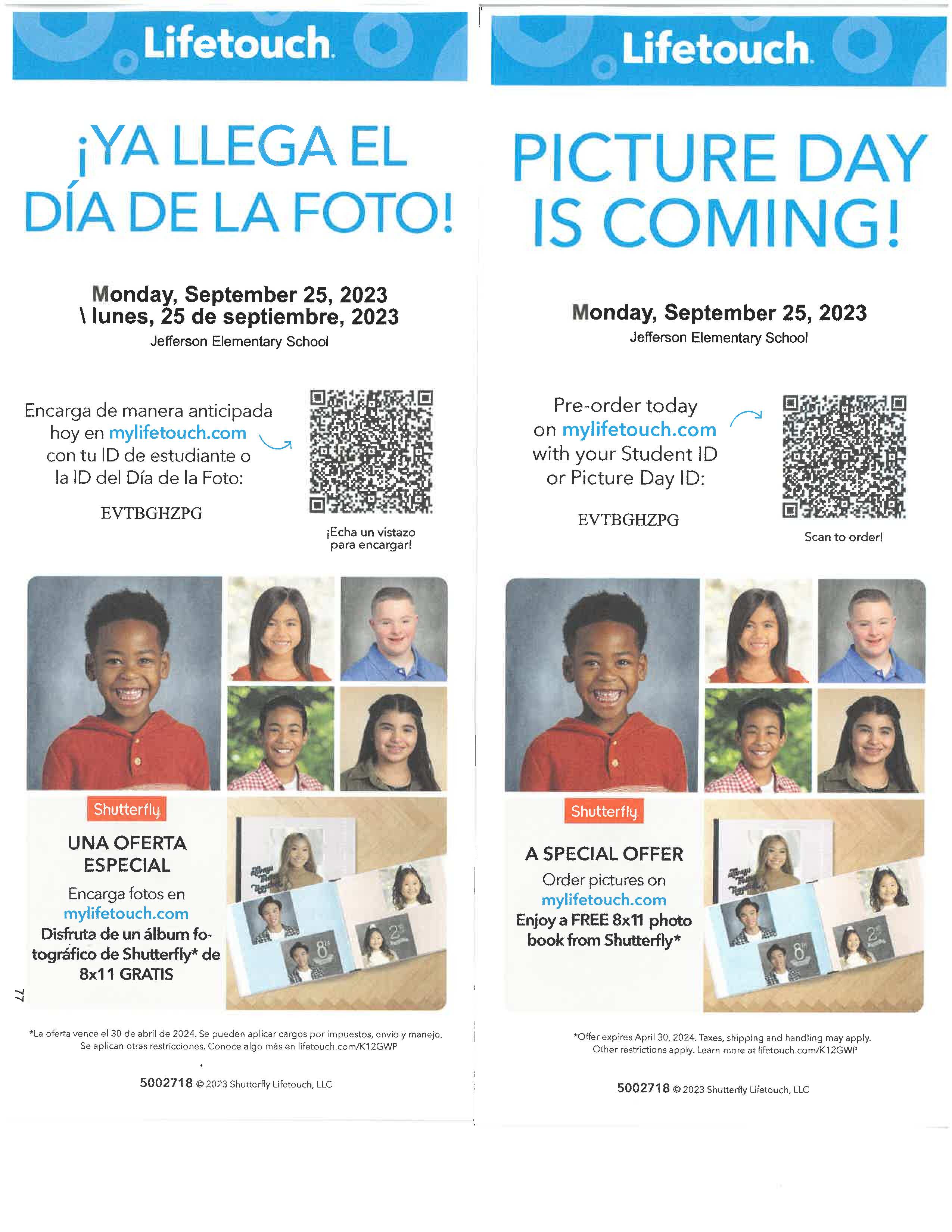 Flyer in English and Spanish announcing Picture Day.