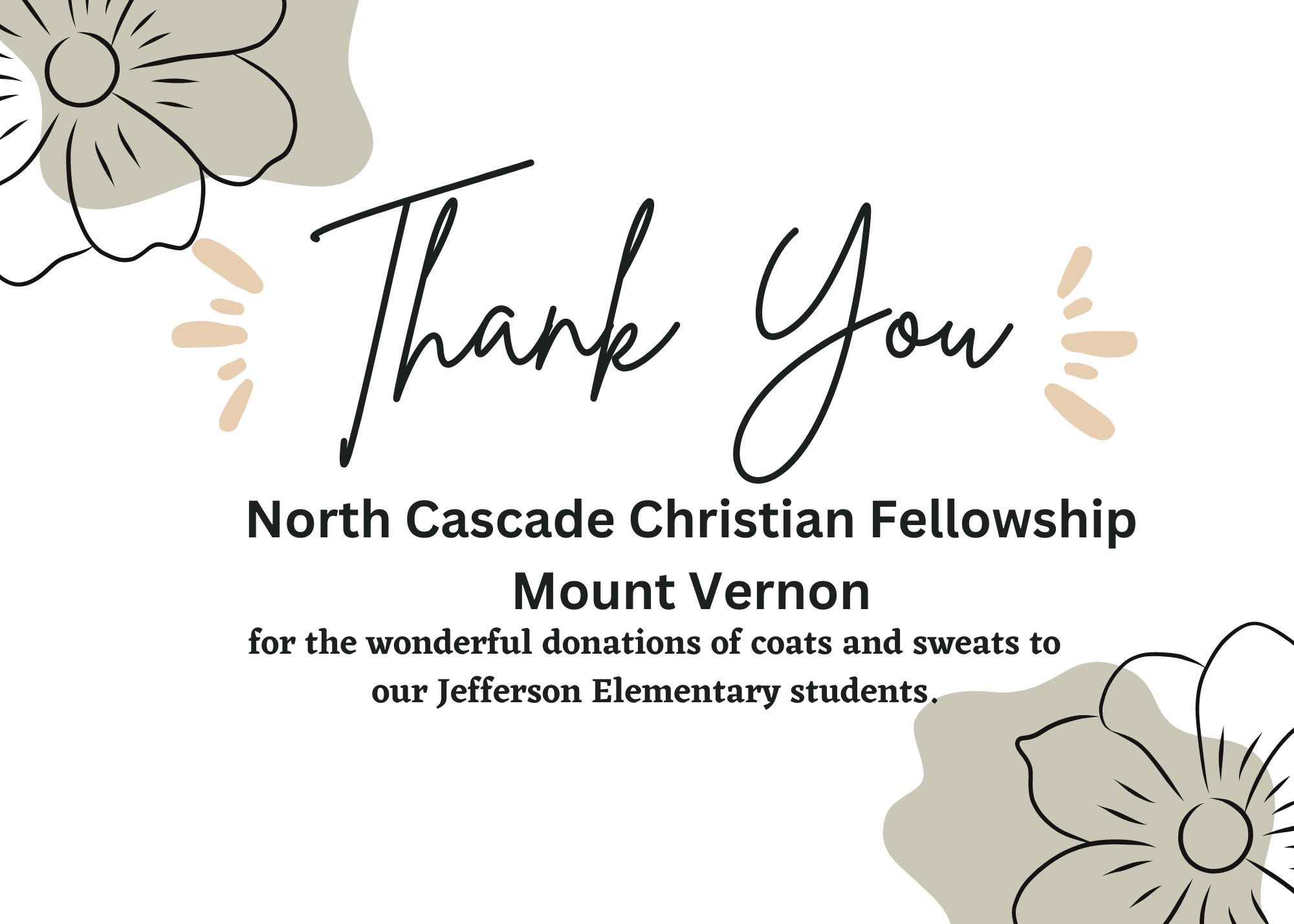 Thank you note to North Cascade Fellowship for their donations.
