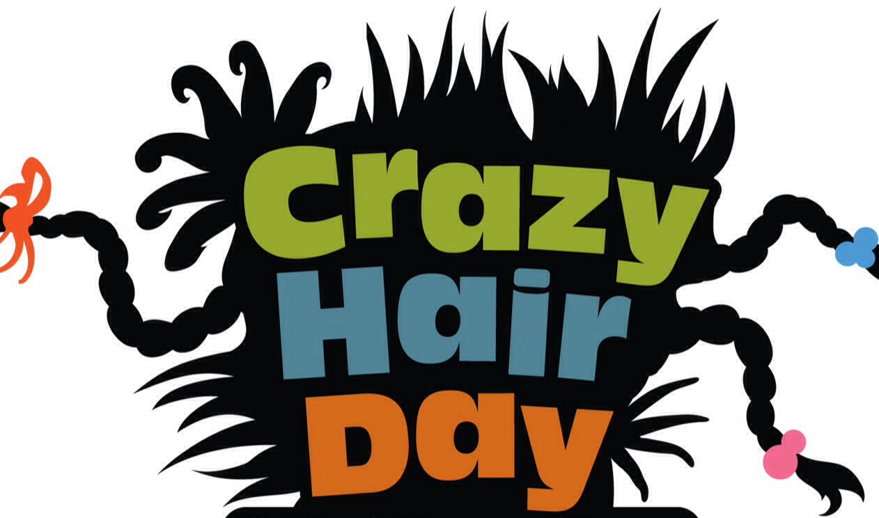 A head of black hair in crazy do's with the words "Crazy Hair Day" in the middle.
