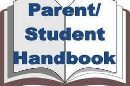 Image of and open book with the words "Parent/Student Handbook" across the middle of the book.