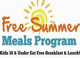 Words stating " Free Summer Meals Program for kids 18 & under eat free Breakfast & Lunch!" with a sun in the background.