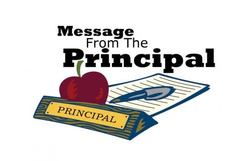 Image of a pad and pen with an apple and a "Principal" sign as if on a desk with the words "Message from the Principal" above it.