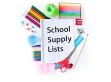 Words of "School Supply Lists" in the middle with images of supplies all around the words.