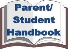 Image of and open book with the words "Parent/Student Handbook" across the middle of the book.