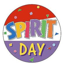 The words "Spirit Day" in a circle with festive designs within.