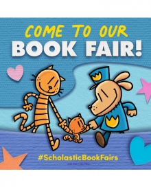 Cartoon flyer announcing "Come to our Scholastic Book Fair".