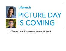 School picture of 2 students with the advertisement of Class Picture Day for March 21, 2023.