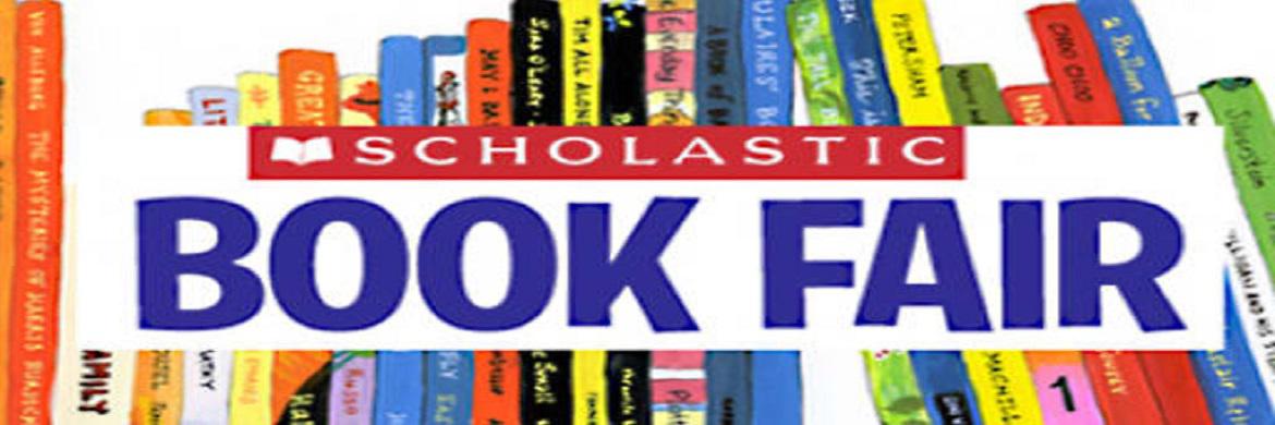 Image of books on a shelf with the words "Book Fair" in the middle.
