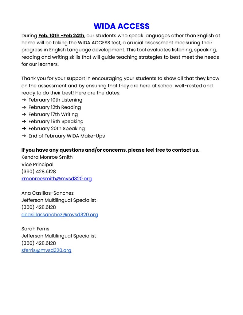 English flyer for WIDA testing.