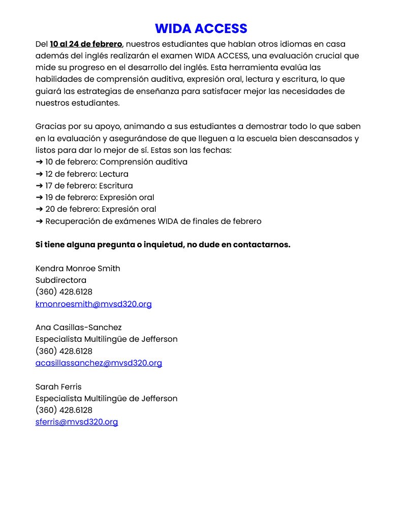 Spanish flyer for WIDA testing.