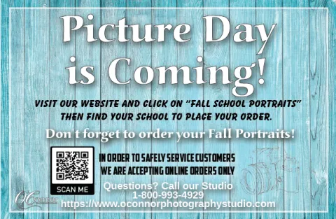 Annoucement of Picture Day is coming with a QR Code for families to scan to place their orders..