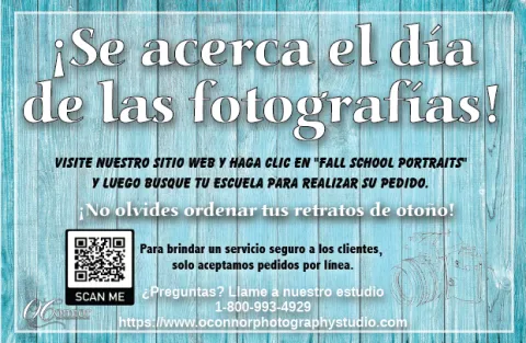 Annoucement of Picture Day is coming with a QR Code for families to scan to place their orders..