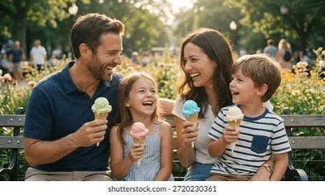 Image of a family eating ice cream outdoors together.