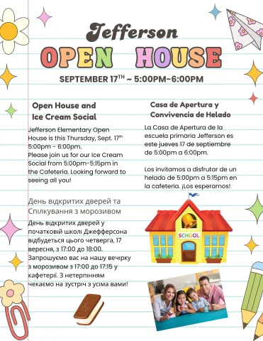 Flyer for Jeffferson Open House and Ice Cream Social on September 17th.