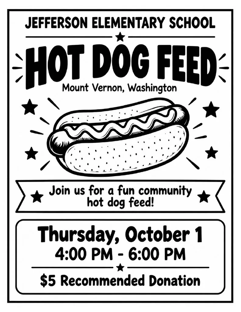 Flyer for Jefferson Parent Group Hotdog Fall Feed on Thursday, October 1st from 4pm to 6pm at Jefferson Elementary School.  We will have vegan and gluten-free options available.  $5 suggested donation.  All proceeds go to supporting our Jefferson Eagle students.