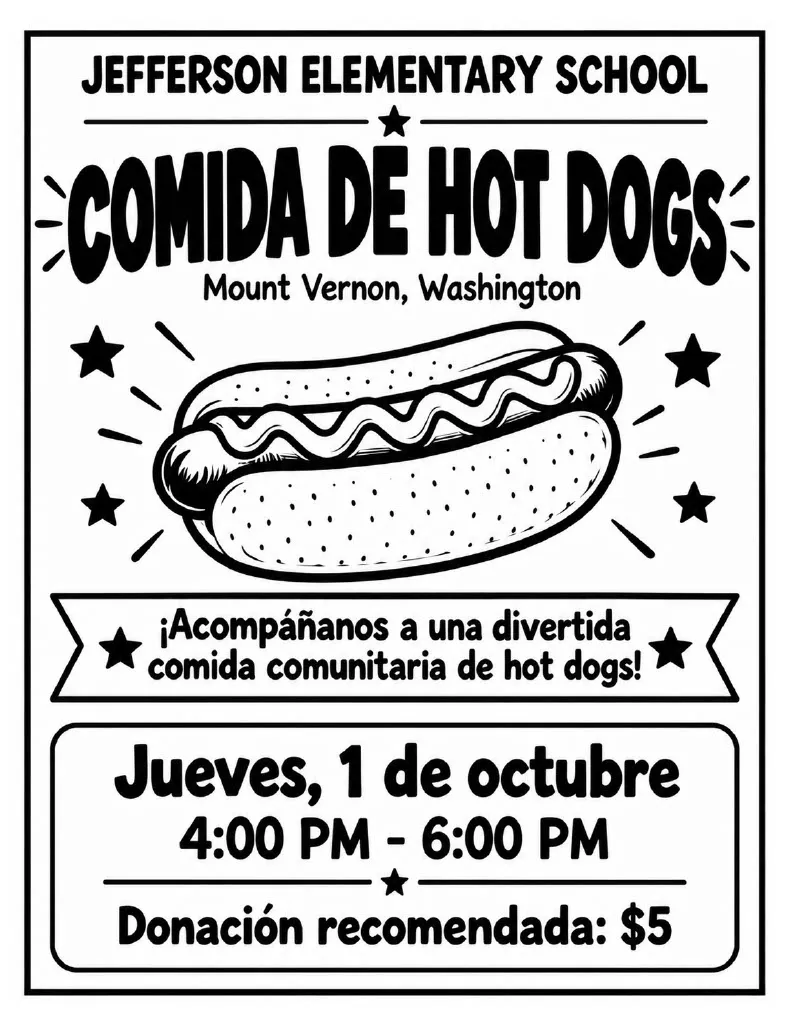 Flyer for Jefferson Parent Group Hotdog Fall Feed on Thursday, October 1st from 4pm to 6pm at Jefferson Elementary School.  We will have vegan and gluten-free options available.  $5 suggested donation.  All proceeds go to supporting our Jefferson Eagle students.