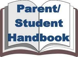 Image of an open book with the words "Parent/Student Handbook" written across the pages.